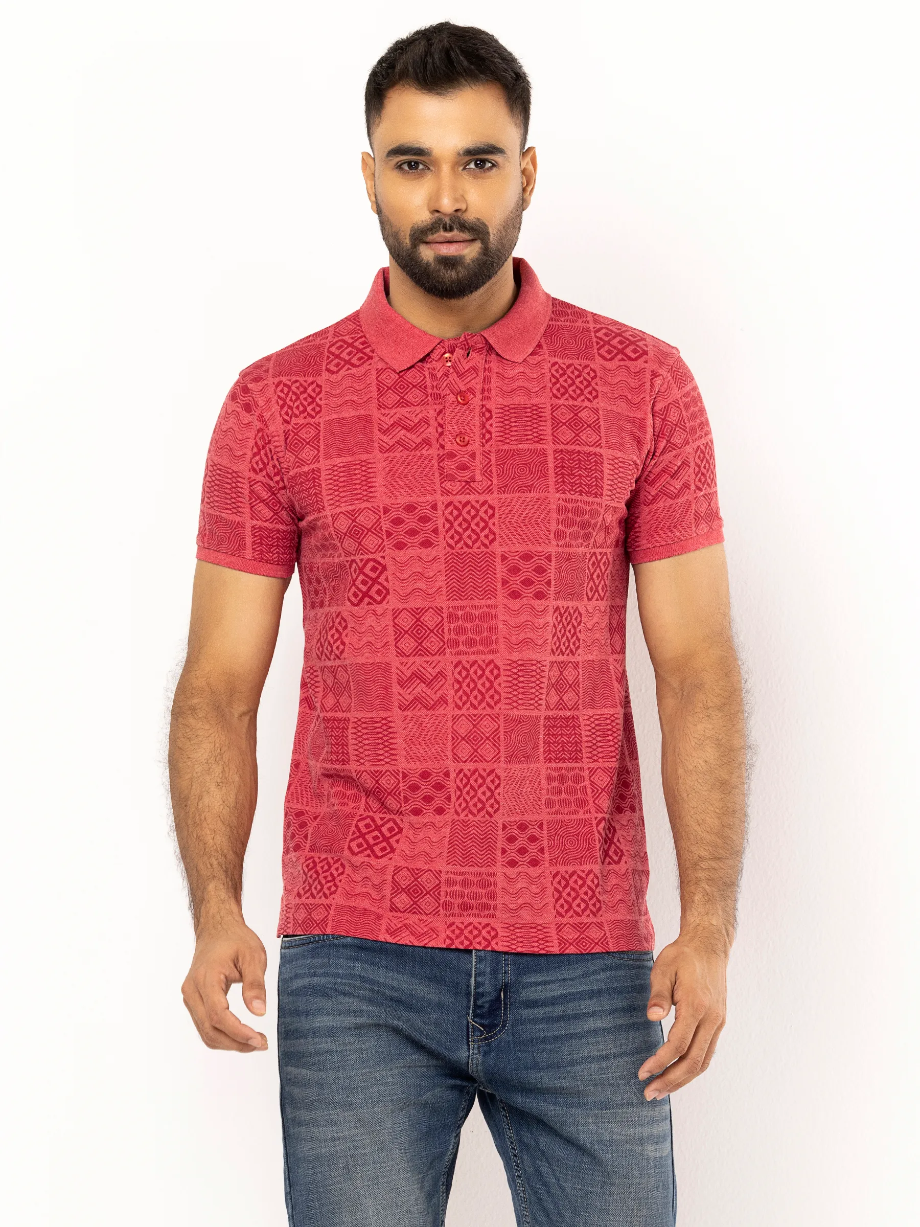 Coral Printed Mixed Cotton Polo Shirt
